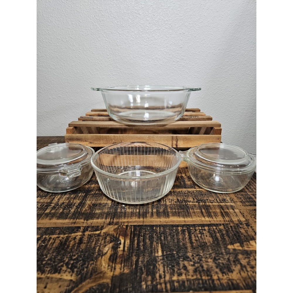 Clear PYREX and Fireking Lot Of 4 Casserole Dish Bowls Lids